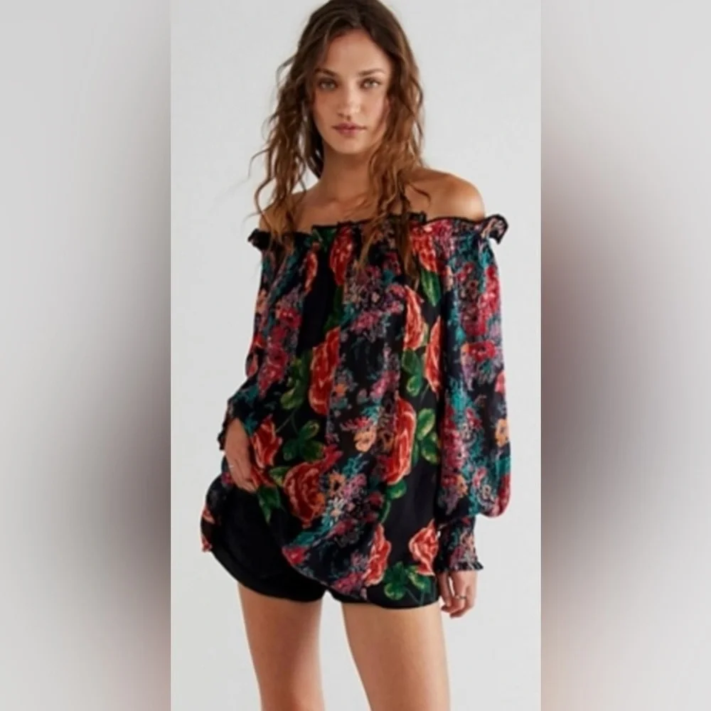 NWOT Free People XS Elana Tunic Top Black Off Shoulder Oversized New $128 retail - Picture 3 of 4